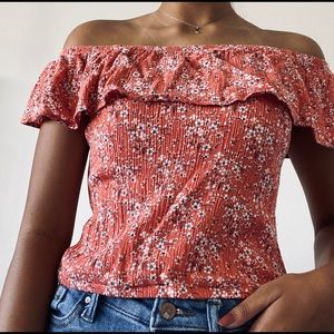 White Fawn: Pink floral off the shoulder top